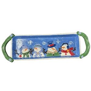 St. Nicholas Squares Ceramic Snowmen Bottom Up Rectangular Tray with Handles